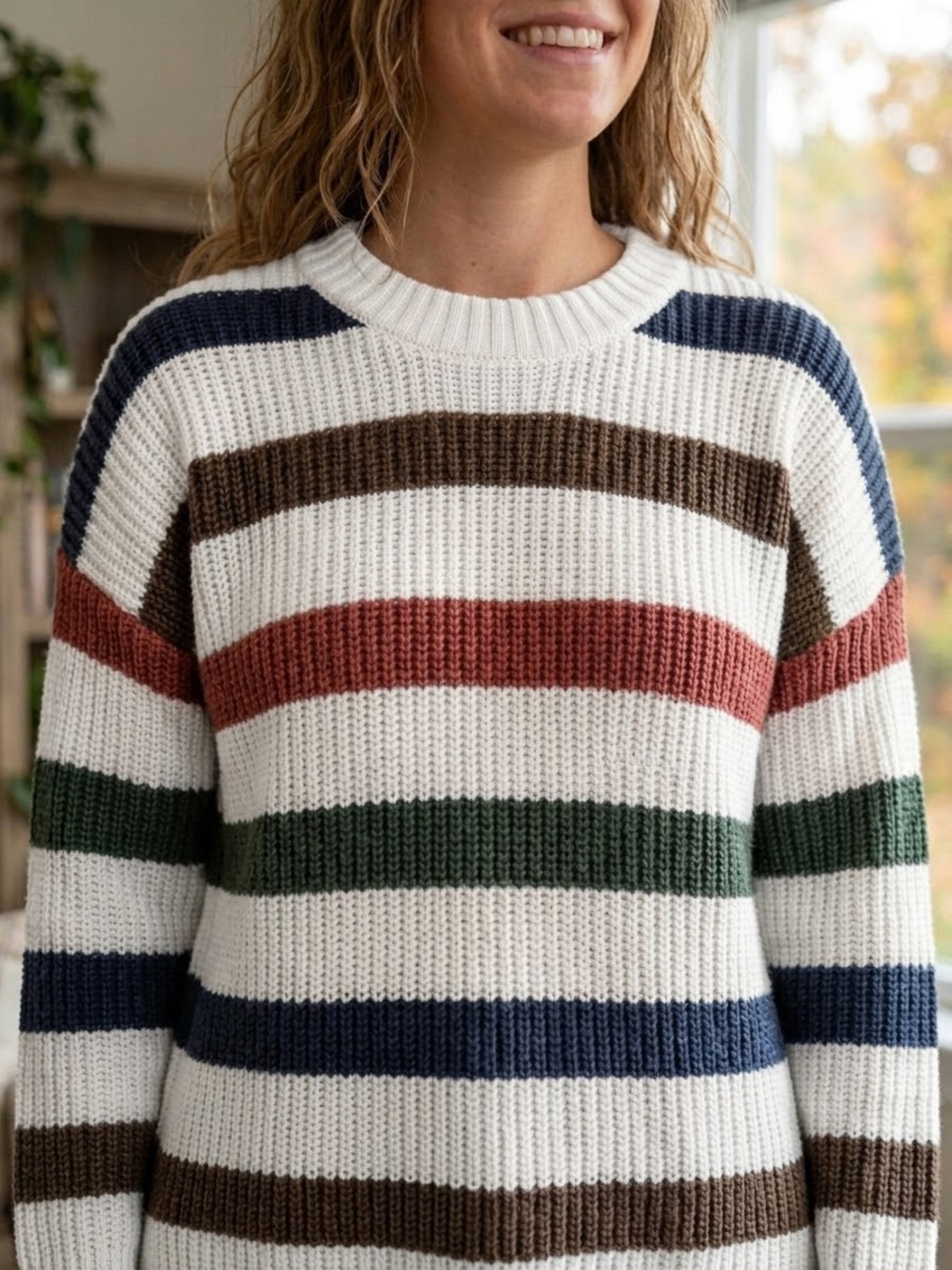 Striped Crewneck Sweater in Cream with Multi-Colored Bands